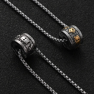 Retro stainless steel cylinder pendant necklace with engraved clouds and cultural symbols