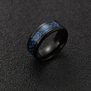 Men's black stainless steel ring with blue carbon fiber inlay and celtic dragon pattern