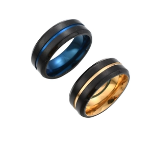 Two-tone matte brushed stainless steel rings for men with blue and gold inner bands