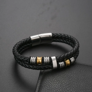 Men's double-layered woven leather bracelet with silver and gold stainless steel beads