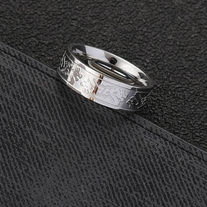 Men's silver stainless steel ring featuring detailed embossed Chinese dragon pattern