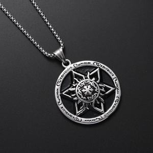 Titanium steel hexagram pendant necklace with mystical runes on a box chain for men