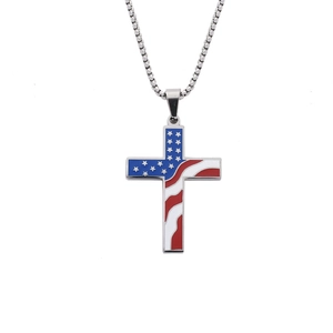 Polished stainless steel cross necklace with American flag design and 18k gold accents