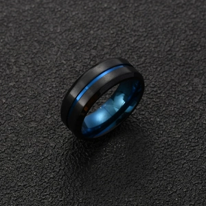 Matte black stainless steel men's ring with brushed finish and blue inner band plating