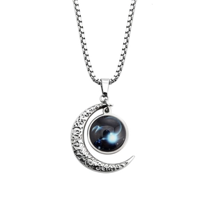 Luminous 12 constellations necklace with crescent moon frame and galaxy glass pendant