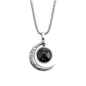 Luminous 12 Zodiac sign necklace with crescent moon pendant and glowing glass nebula ball