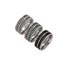 Three pieces men's titanium steel spinner rings with chain link inlay in silver, black and rainbow