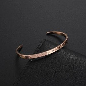 Minimalist C-shaped rose gold titanium steel bangle with Roman numerals and crystal