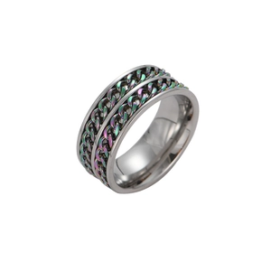 Men's Trendy Stainless Steel Spinner Ring With Double Chain Design Rotating Fidget Band Industrial Punk Fashion Finger Jewelry Gift