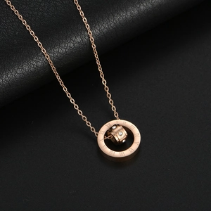 Rose gold double ring necklace with roman numeral engraving and crystals for women