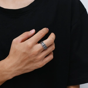 Men's silver stainless steel spinner ring with rotating double chain design and industrial look