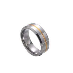 Macro view of 8mm tungsten steel ring featuring gold brushed groove and polished silver edges