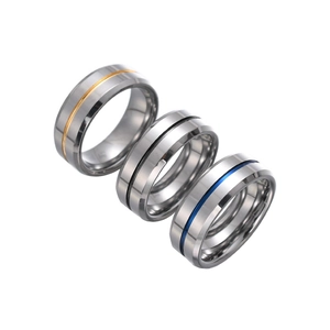 Men's 8mm tungsten ring set with polished silver finish and colored grooved centers