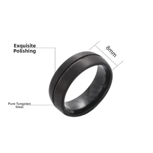 Détail de la bague en acier tungstène noir brossé de 8mm avec finitions polies et rainures