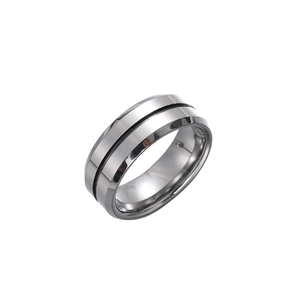 Men's 8mm tungsten ring featuring silver polished finish and central blue groove detail