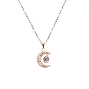 Romantic Titanium Steel 100 Languages I Love You Projection Moon Star Pendant Necklace For Women Rhinestone Inlaid Jewelry