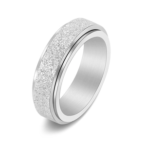 Minimalist silver frosted stainless steel spinner ring with a polished inner band