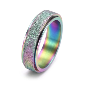 Macro detail of rainbow stainless steel spinner ring with a textured frosted finish