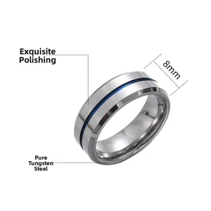 Detail of 8mm polished tungsten steel ring with blue center groove for men