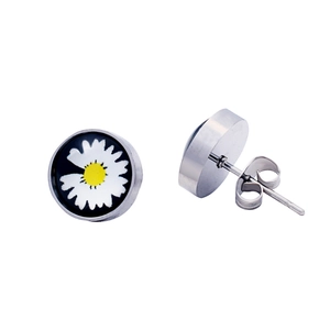 Boucles d'oreilles marguerite en acier inoxydable avec motif fleur blanche sur disque