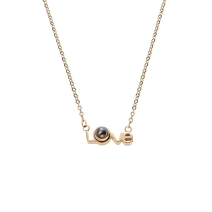 Golden LOVE necklace featuring 100 languages I Love You projection stone with cross chain