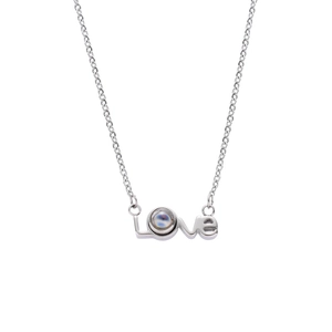 Silver LOVE necklace featuring a projection stone pendant and delicate chain on white background