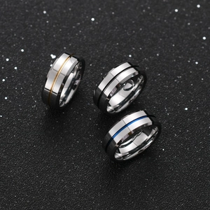 Men's 8mm tungsten ring with blue, gold, and black center grooves in a high-polished finish