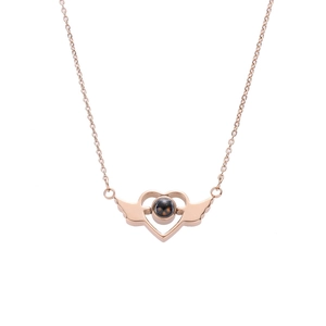 Rose gold angel wing heart pendant necklace with 100 languages I love you projection stone