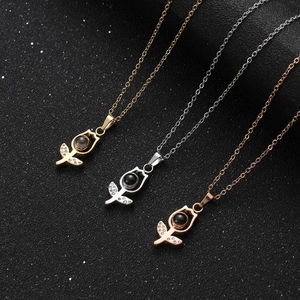 Minimalist titanium steel rose necklaces with 100 languages I Love You projection stone
