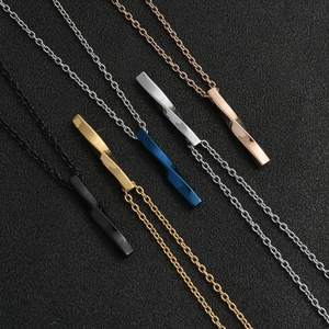 Minimalist twisted bar pendant necklaces shown in black, gold, blue, silver and rose gold