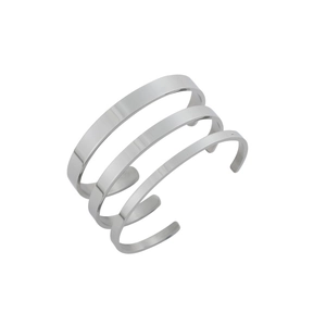 Three-piece set of minimalist polished stainless steel open cuff bracelets in silver finish
