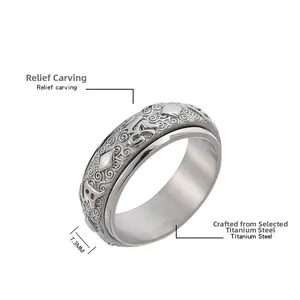 Macro view of 7.3mm spinning titanium steel ring with embossed religious engraving