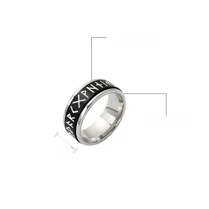 Detailed view of 8mm Viking runes spinner ring in black stainless steel