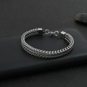 Double-row silver stainless steel wheat chain bracelet for men with lobster clasp