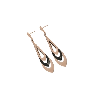 Three-layer rose gold teardrop earrings with black Love engraving and frosted finish