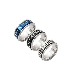 Three-piece Viking Runic spinning rings set in blue, black, and silver stainless steel