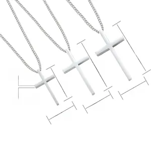 Three sizes of polished stainless steel cross pendants with precise dimension specs