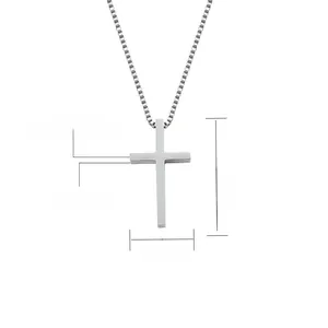 Polished silver stainless steel cross pendant necklace with precise dimensions 42.5mm x 23.5mm