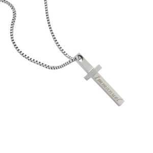 Polished stainless steel box chain necklace with a cross pendant engraved with Immanuel