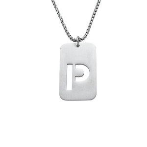 Polished stainless steel dog tag necklace with hollow letter P cutout and box chain