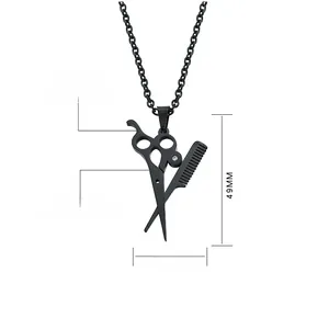 Macro detail of matte black titanium steel scissors and comb pendant with dimensions