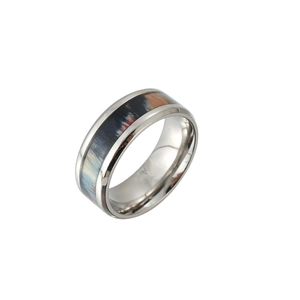 Stainless steel ring with colorful wood grain inlay and polished silver finish for men