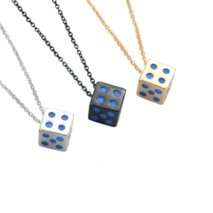 Titanium steel dice pendant necklace set in silver, black and gold with blue dots