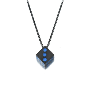 Titanium steel hip hop dice necklace with matte black cube pendant and blue dots