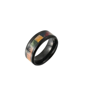 Black stainless steel ring with colorful wood grain inlay for men, 8mm polished band