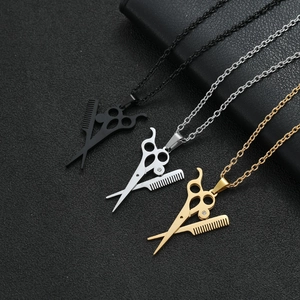 Hip hop scissors and comb necklace set for men in black, silver, and gold steel finish