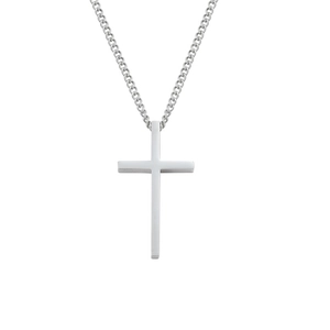 Detailed view of a polished silver cross pendant on a thin metal cable chain necklace