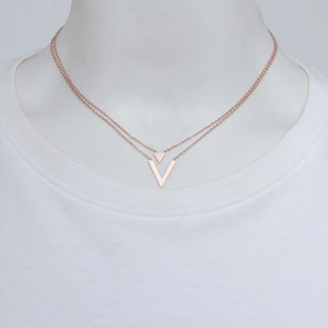 Elegant rose gold double layer V-shaped necklace with geometric pendant for women