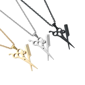Cool Hip Hop Scissors Comb Pendant Necklace Titanium Steel Electroplated Rhinestone Jewelry Barber Gift For Men