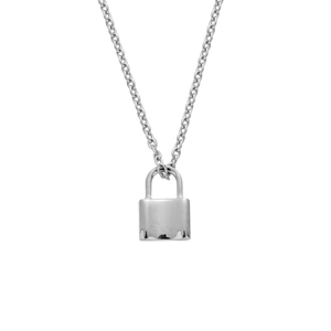 Polished stainless steel lock pendant necklace with sleek silver chain in a minimalist style